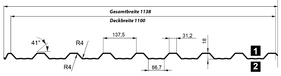 Querschnitt T-18DR Dachblech, Nutzbreite 1100 mm, Gesamtbreite 1138 mm